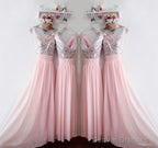 Glitter Sequins V Neck Long Chiffon Pink Bridesmaid Dresses