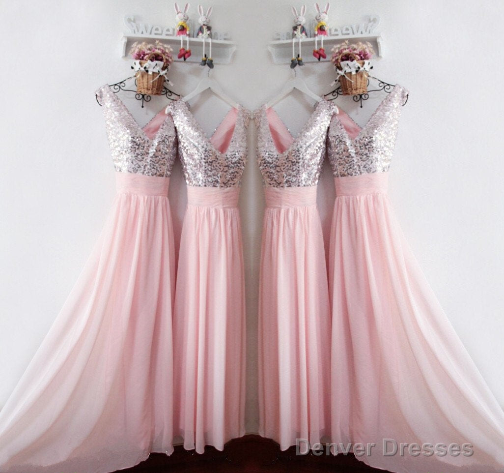 Glitter Sequins V Neck Long Chiffon Pink Bridesmaid Dresses
