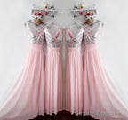 Glitter Sequins V Neck Long Chiffon Pink Bridesmaid Dresses