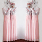 Glitter Sequins V Neck Long Chiffon Pink Bridesmaid Dresses