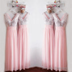 Glitter Sequins V Neck Long Chiffon Pink Bridesmaid Dresses