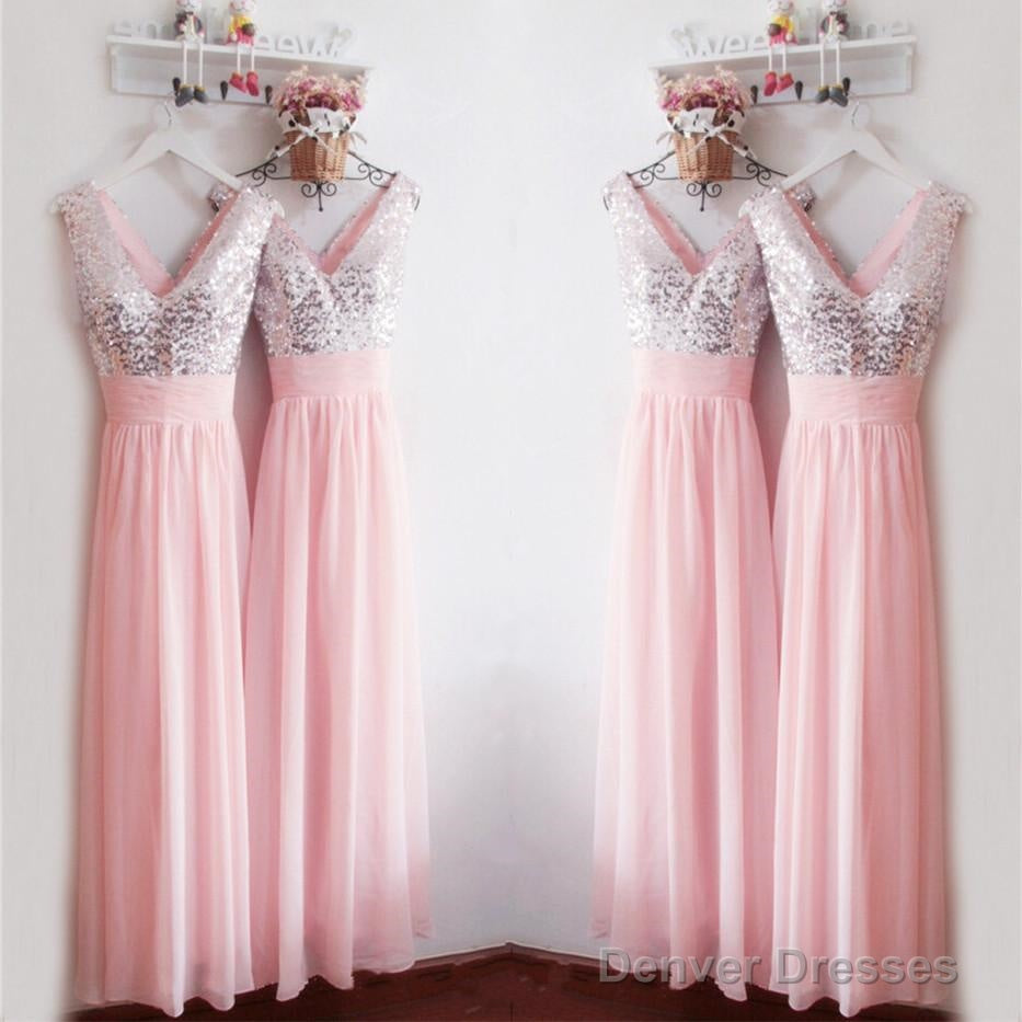 Glitter Sequins V Neck Long Chiffon Pink Bridesmaid Dresses