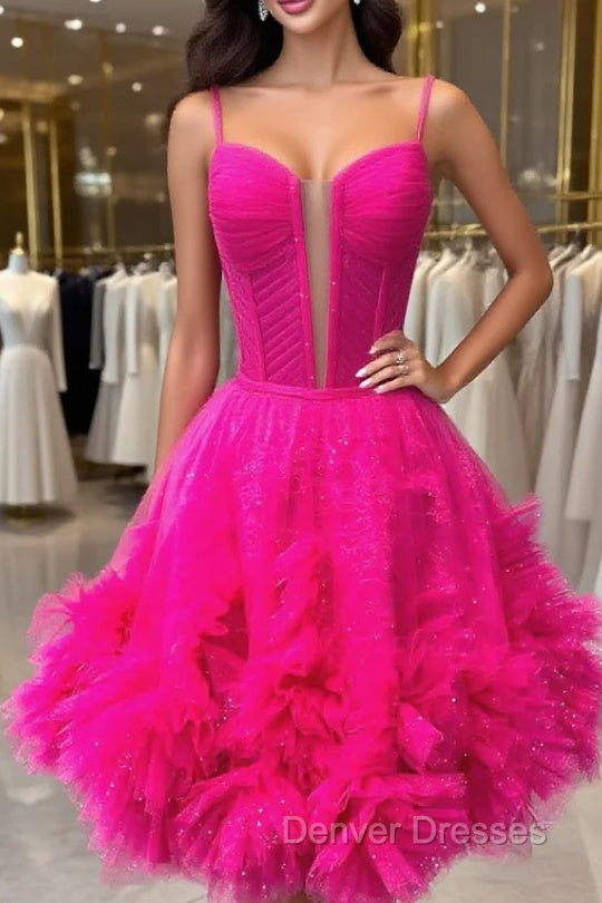 Glitter Straps Hot Pink Ruffle A-Line Homecoming Dress Main image