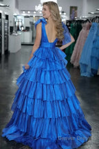 Glitter Tie Straps Pink Plunging Neck Tiered Long Prom Dress