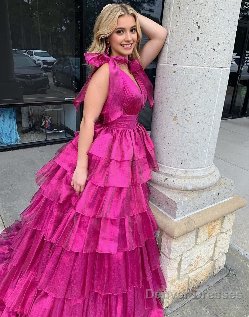 Glitter Tie Straps Pink Plunging Neck Tiered Long Prom Dress