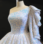 Glitter White Sequin Wedding Dress One Shoulder Ball Gown Quinceanera Dress