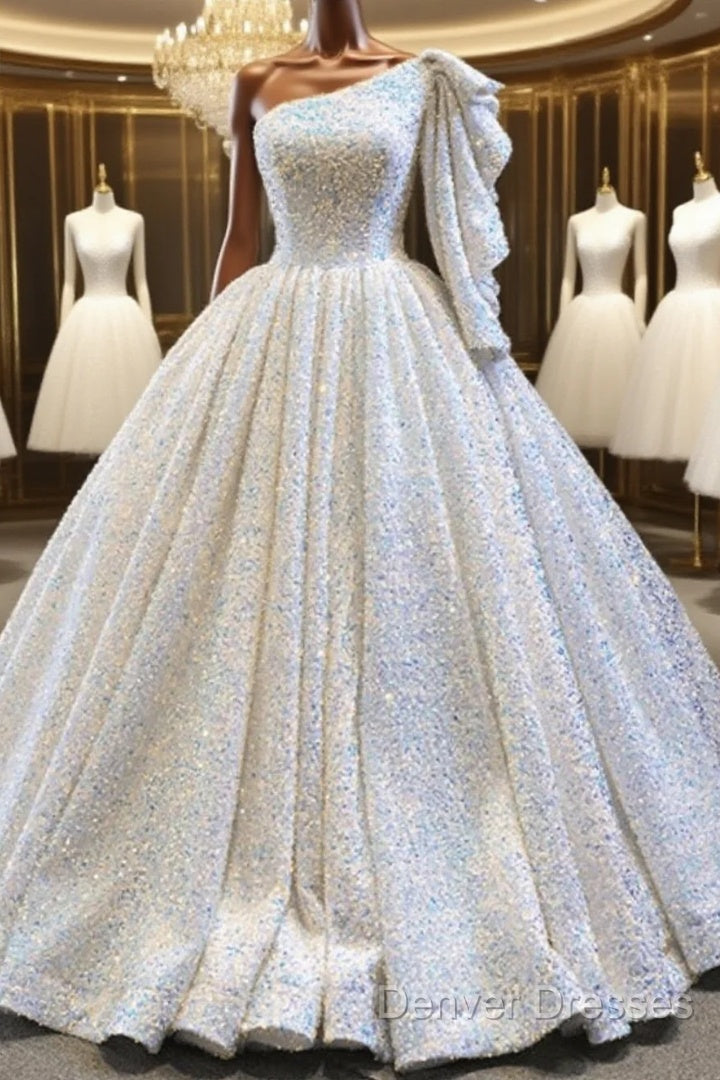 Glitter White Sequin Wedding Dress One Shoulder Ball Gown Quinceanera Dress Main image