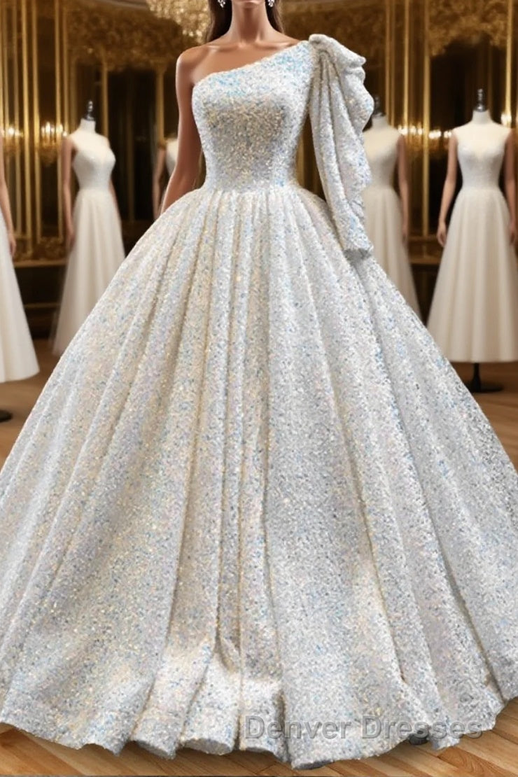 Glitter White Sequined One Shoulder Ball Gown Quinceanera Dress Main image