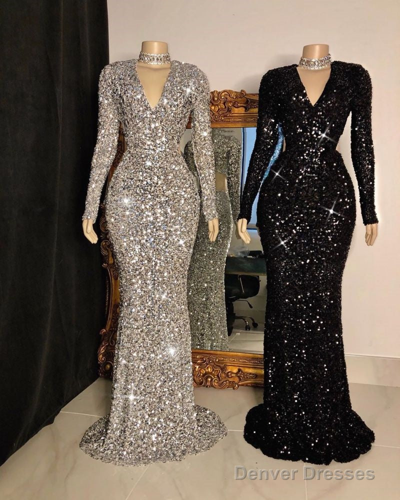 Glittering Crystal Sequins Long Sleevess V-Neck Mermaid Prom Dresses