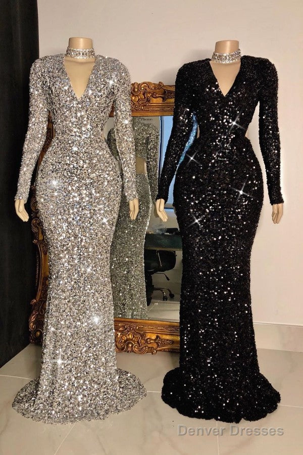 Glittering Crystal Sequins Long Sleevess V-Neck Mermaid Prom Dresses Main image