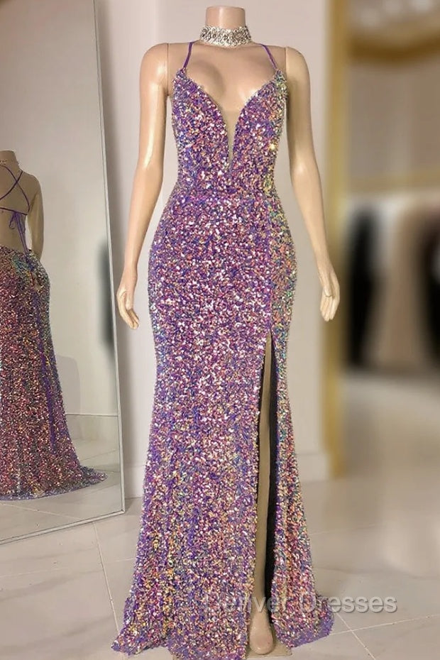 Glittering Spaghetti-Straps Sequins Prom Dress Mermaid Sleeveless With Slit Main image