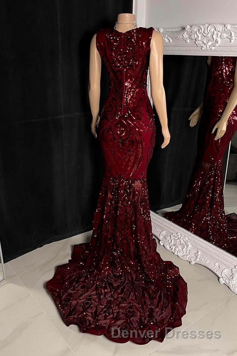 Glittery Long Red Mermaid Sleeveless Prom Dress Sequin
