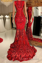 Glittery Long Red Mermaid Sleeveless Prom Dress Sequin