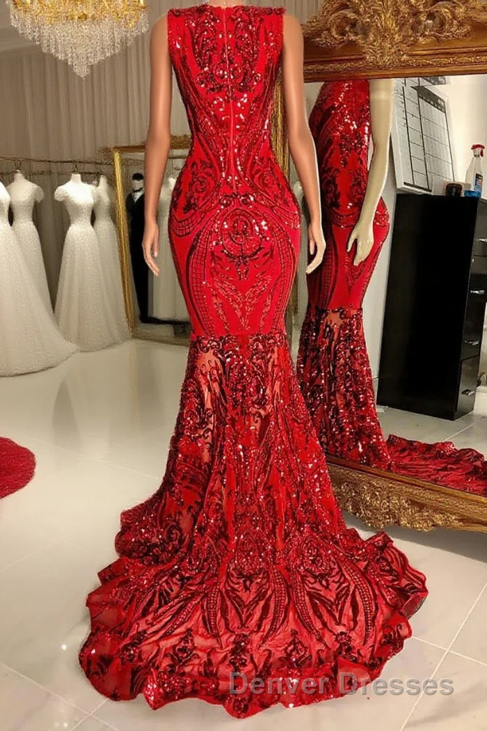 Glittery Long Red Mermaid Sleeveless Prom Dress Sequin