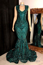 Glittery Long Red Mermaid Sleeveless Prom Dress Sequin