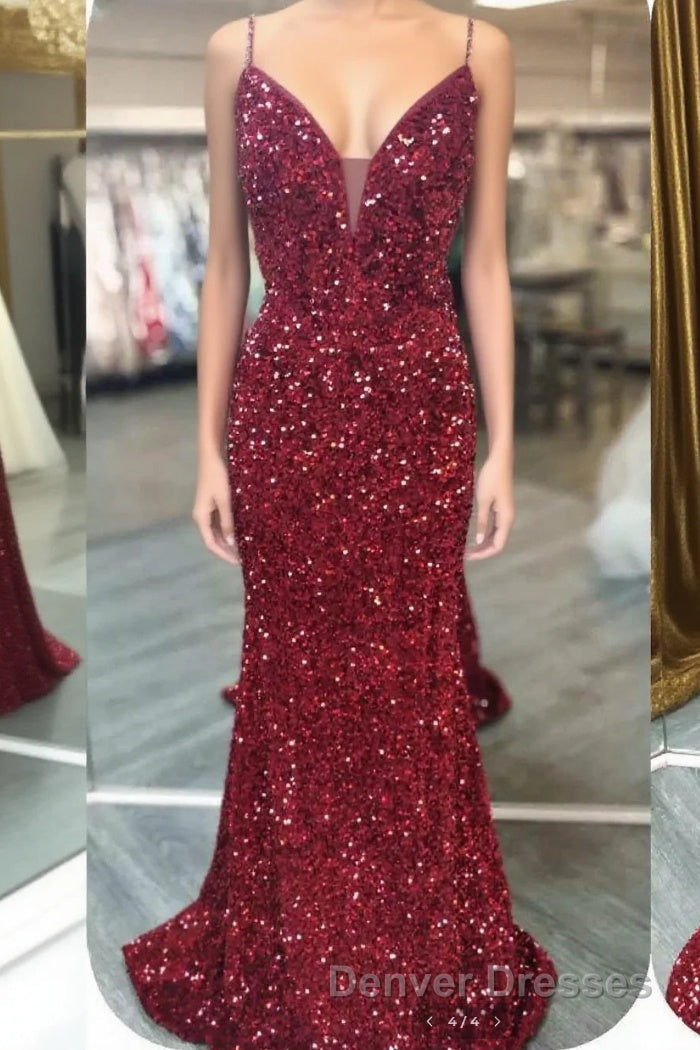 Glittery Mermaid Red Sequin V-Neck Lace-Up Back Prom Dress Gala Gown