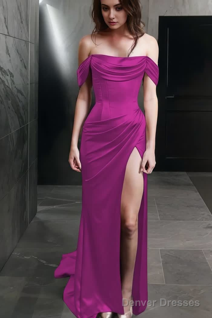 Sheath Off-the-Shoulder Sweep Train Silk like Satin Prom Dresses With Leg Slit