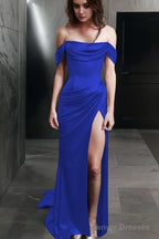 Sheath Off-the-Shoulder Sweep Train Silk like Satin Prom Dresses With Leg Slit