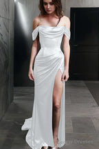 Sheath Off-the-Shoulder Sweep Train Silk like Satin Prom Dresses With Leg Slit