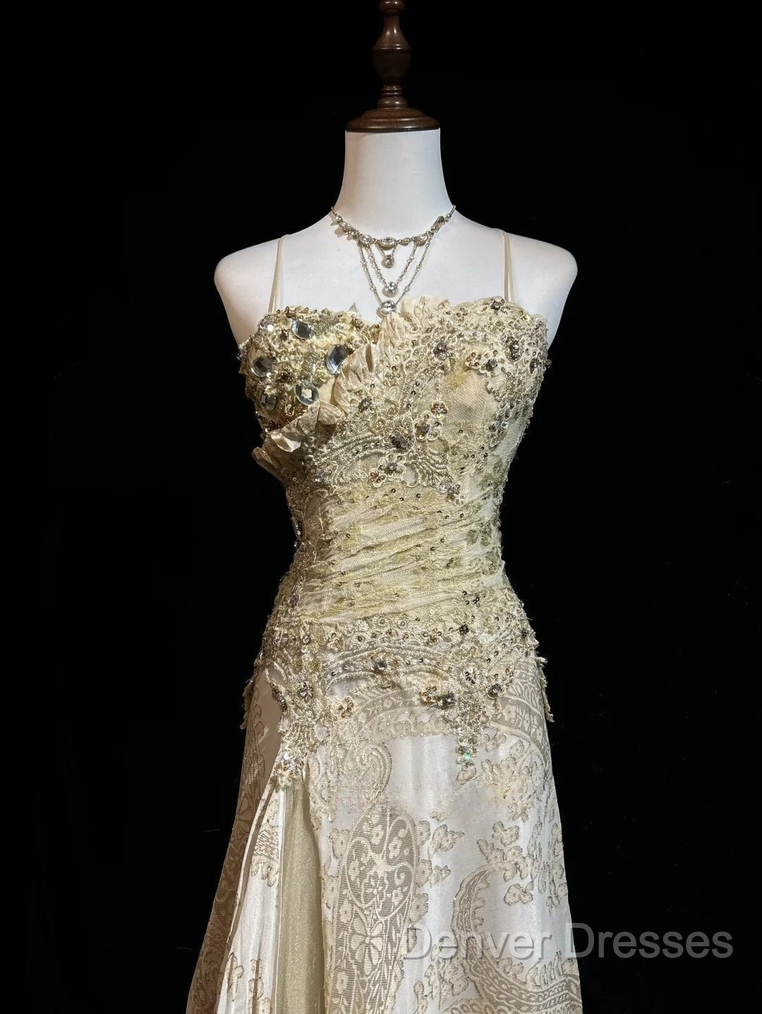 Gold A-Line Spaghetti Strap Satin Lace Long Prom Dress With Beaded Appliques