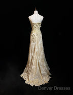 Gold A-Line Spaghetti Strap Satin Lace Long Prom Dress With Beaded Appliques