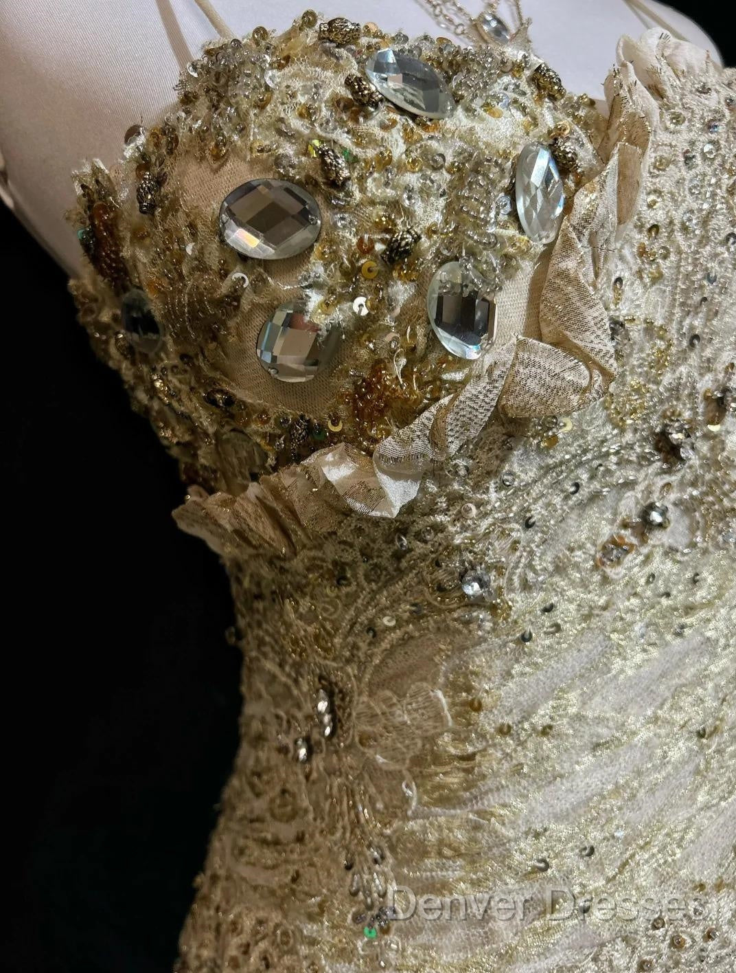 Gold A-Line Spaghetti Strap Satin Lace Long Prom Dress With Beaded Appliques