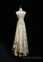 Gold A-Line Spaghetti Strap Satin Lace Long Prom Dress With Beaded Appliques