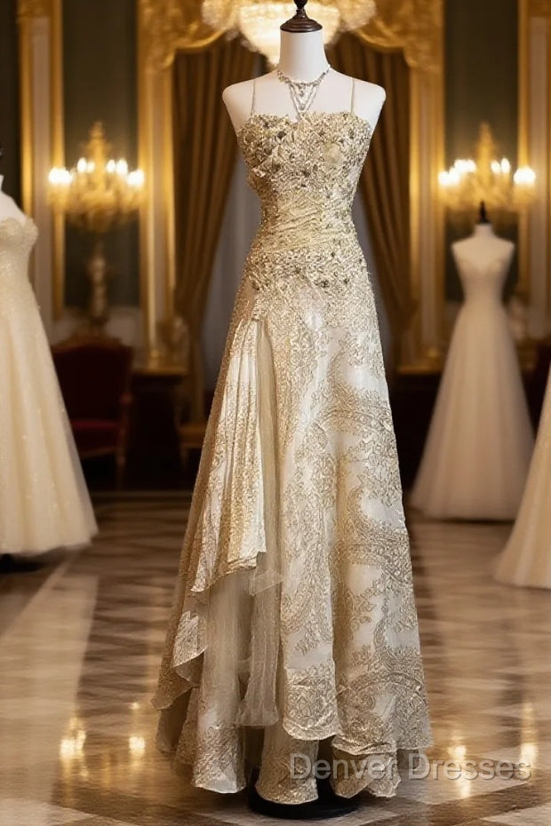 Gold A-Line Spaghetti Strap Satin Lace Long Prom Dress With Beaded Appliques