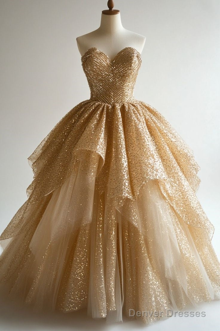 Gold A-Line Sweetheart Tulle Sequin Long Ball Gown, Elegant Evening Dress Secondary image