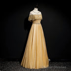Gold A-Line Tulle Beading Sequins Long Prom Dress Lotus Leaf Sleeve Evening Dress