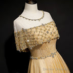 Gold A-Line Tulle Beading Sequins Long Prom Dress Lotus Leaf Sleeve Evening Dress