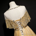 Gold A-Line Tulle Beading Sequins Long Prom Dress Lotus Leaf Sleeve Evening Dress