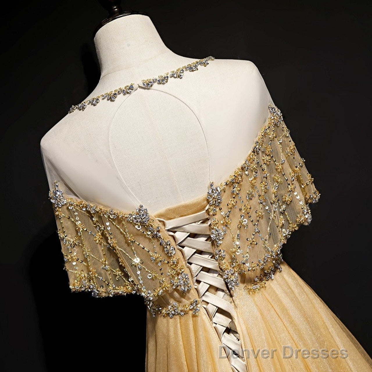 Gold A-Line Tulle Beading Sequins Long Prom Dress Lotus Leaf Sleeve Evening Dress