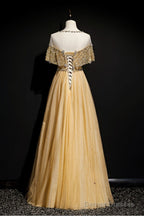 Gold A-Line Tulle Beading Sequins Long Prom Dress Lotus Leaf Sleeve Evening Dress