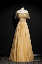 Gold A-Line Tulle Beading Sequins Long Prom Dress Lotus Leaf Sleeve Evening Dress