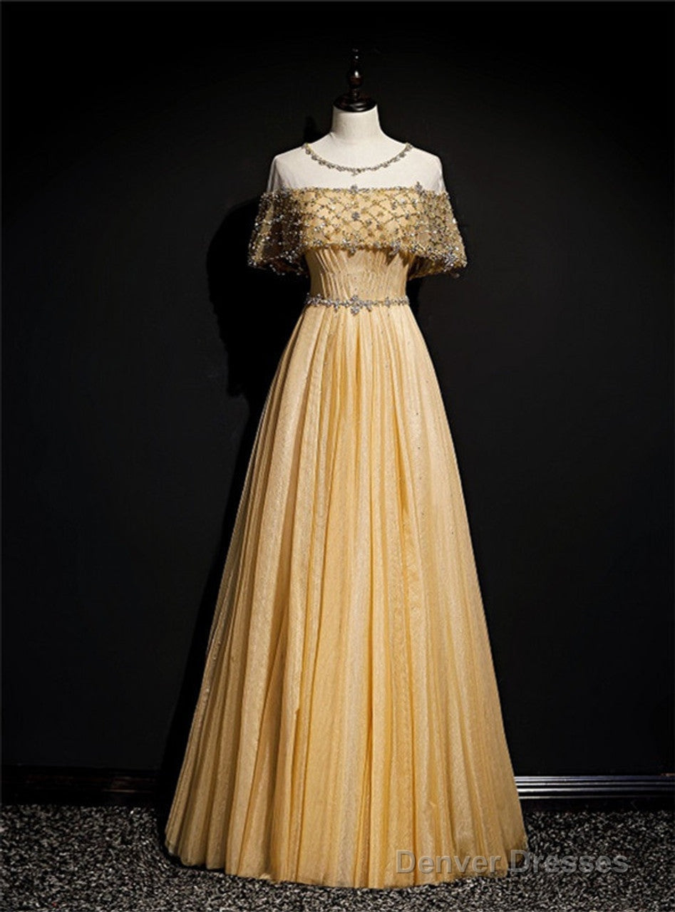Gold A-Line Tulle Beading Sequins Long Prom Dress Lotus Leaf Sleeve Evening Dress