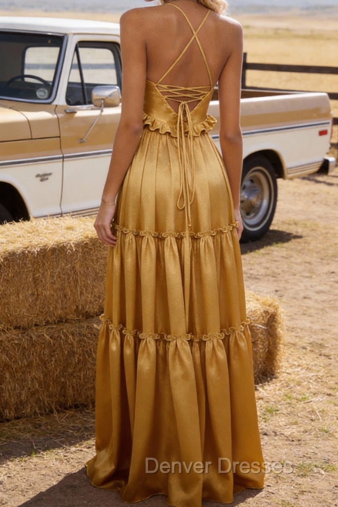 Gold A-line V Neck Sleeveless Floor-Length Prom Dress Long Prom Dresses Backless with Pleated Ruffles