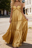 Gold A-line V Neck Sleeveless Floor-Length Prom Dress Long Prom Dresses Backless with Pleated Ruffles