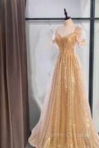 Gold Aline Tulle V Neck Long Prom Dress, Gold Formal Dress