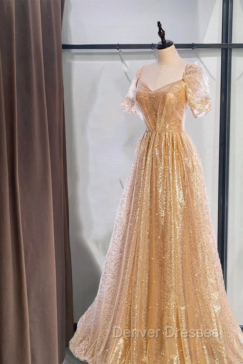 Gold Aline Tulle V Neck Long Prom Dress, Gold Formal Dress