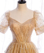 Gold Aline Tulle V Neck Long Prom Dress, Gold Formal Dress