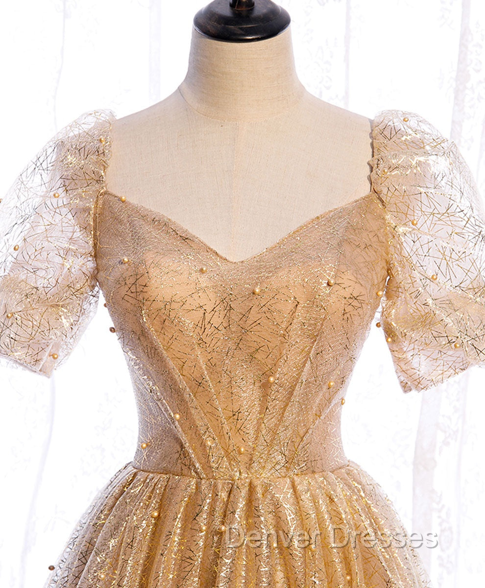 Gold Aline Tulle V Neck Long Prom Dress, Gold Formal Dress