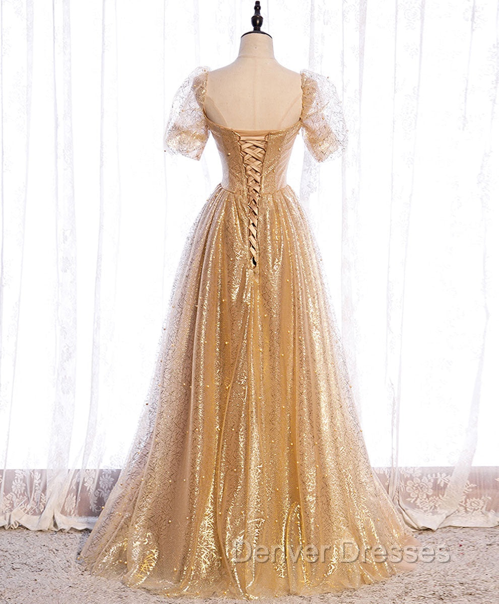 Gold Aline Tulle V Neck Long Prom Dress, Gold Formal Dress