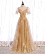 Gold Aline Tulle V Neck Long Prom Dress, Gold Formal Dress