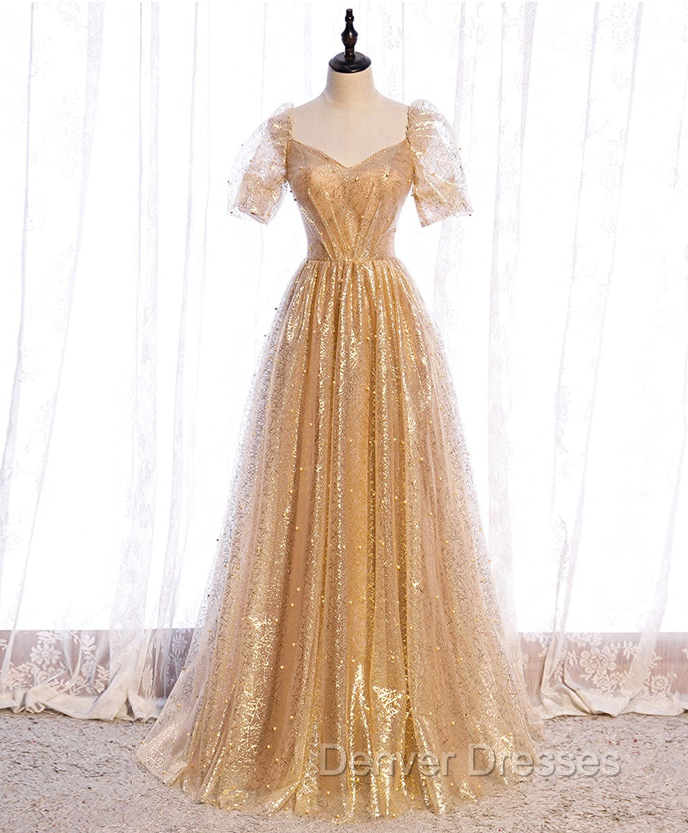 Gold Aline Tulle V Neck Long Prom Dress, Gold Formal Dress