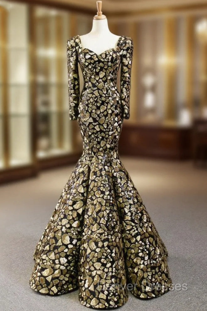 Gold And Black Sequins Mermaid Long Sleeve Square Prom Dress Main image