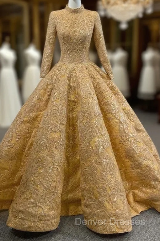 Gold Appliques Sequins High Neck Long Sleeve Prom Dress