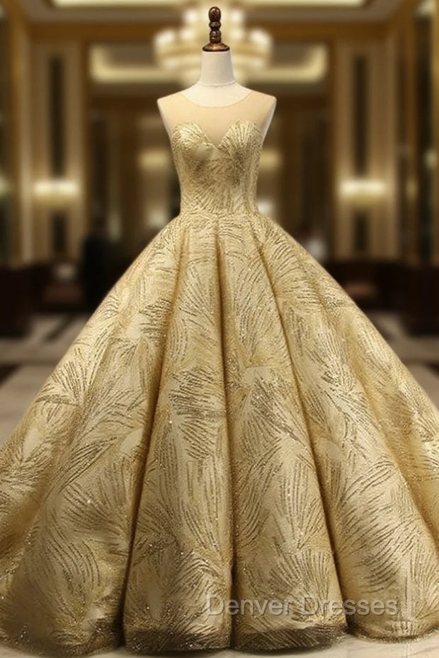 Gold Ball Gown Scoop Neck Sequins Backless Haute Couture Wedding Dress Main image