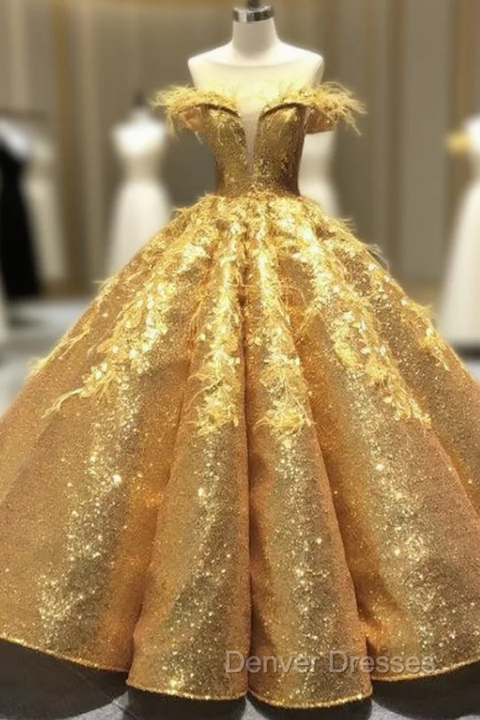Gold Ball Gown Sequins Appliques See Through V-neck Prom Dress With Feather Main image
