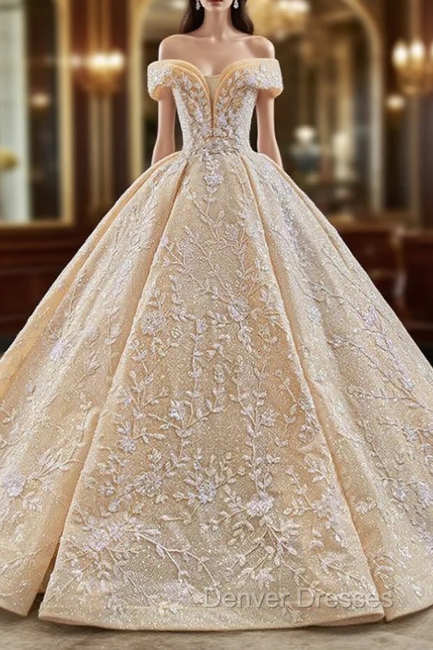 Gold Ball Gown Sequins Beading Off the Shoulder Prom Dress Main image